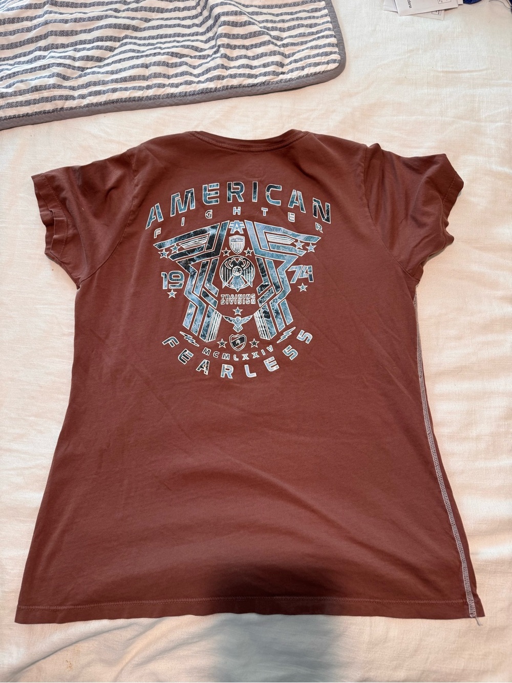 American Fighter Women's Brown Graphic Tee with Blue Accents